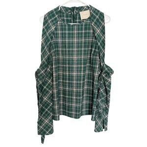 Framed Green Plaid Cold Shoulder Tie Sleeve Blouse Top Size 38 Cotton Acaemia